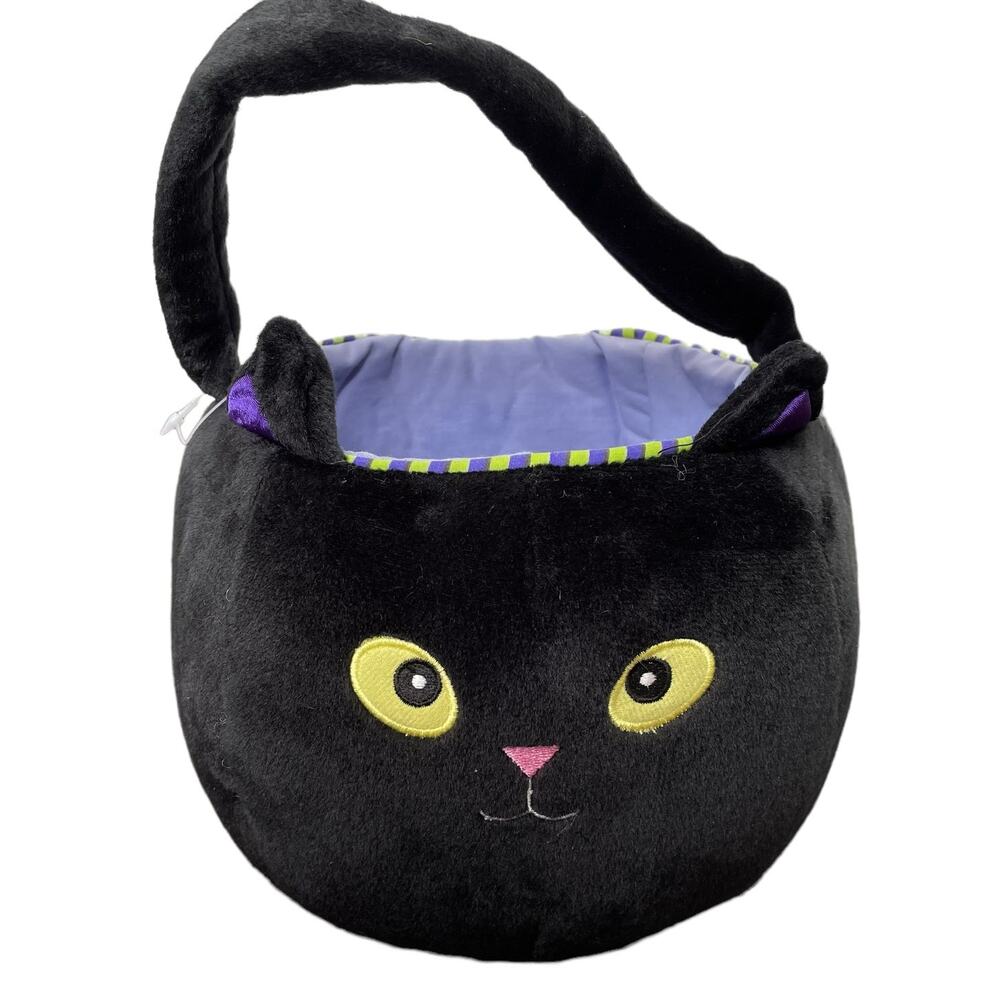 SALE Halloween Trick Treat Black Cat w Tail Plush Pail Yellow Eyes Candy Bucket